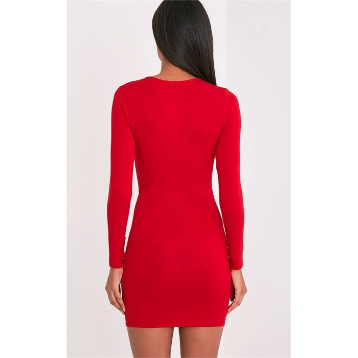 Giyim  Uzun Kollu Mini Kırmızı Elbise