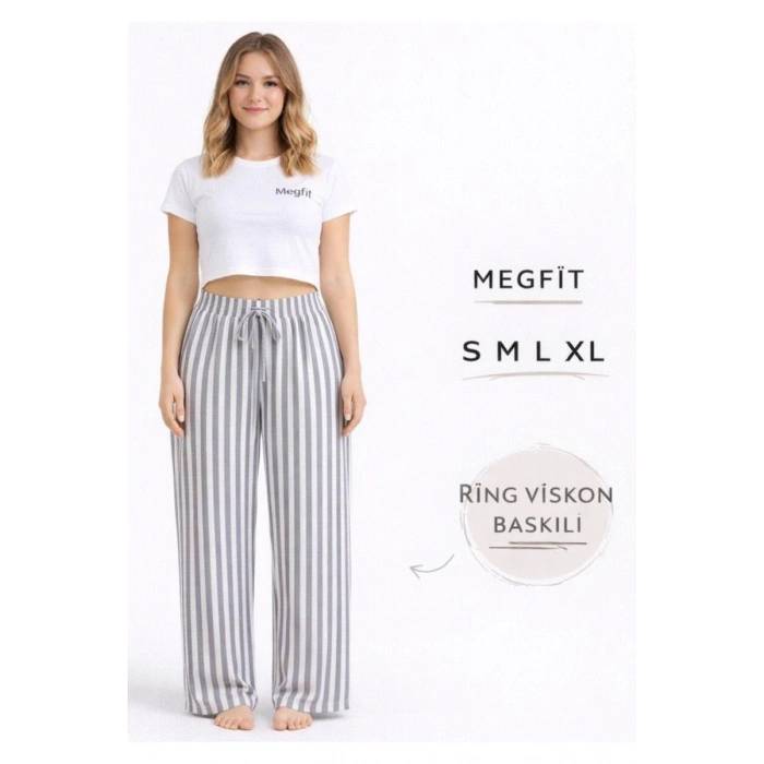 Giyim Viskon Pamuklu Kadın Açık Gri Çizgili Pijama Pantolon - Mg006 -