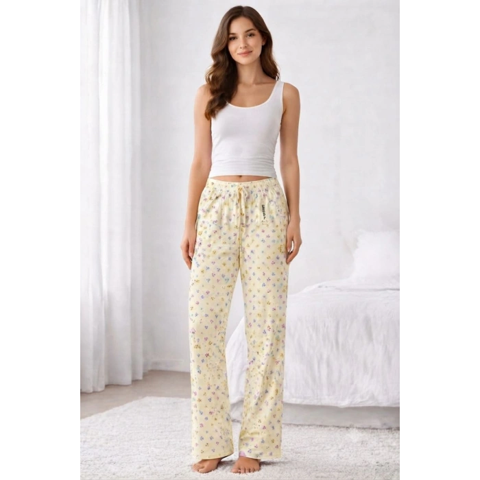 Giyim Viskon Pamuklu Kadın Açık Sarı Desenli Pijama Pantolon - Mg010 -
