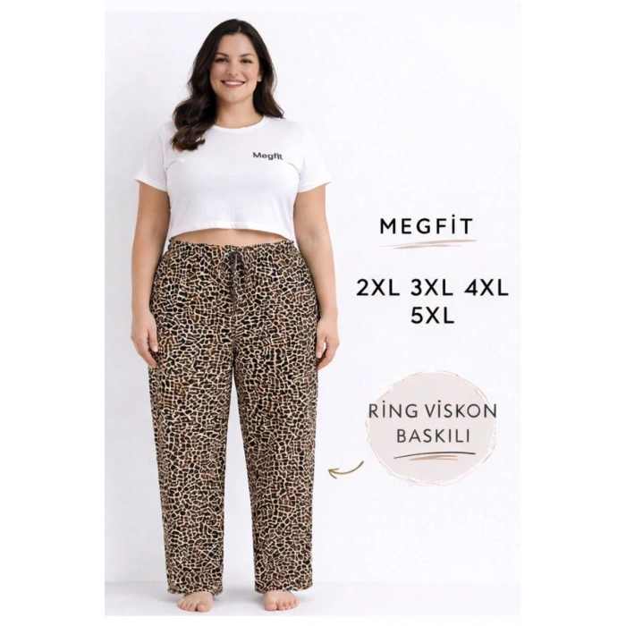 Giyim Viskon Pamuklu Kadın Büyük Beden Leopar Desenli Pijama Pantolon - Brf005 -