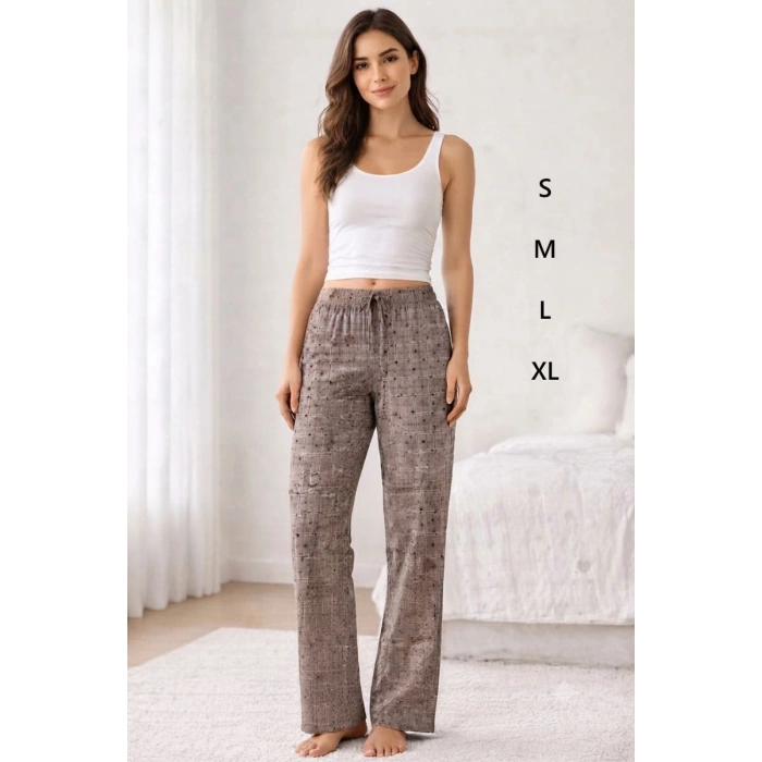 Giyim Viskon Pamuklu Kadın Gri Desenli Pijama Pantolon - Mg011 -