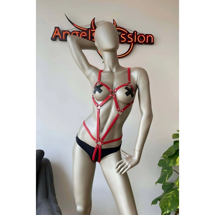 Giyim Vücudu Saran Kırmızı Deri Body Harness