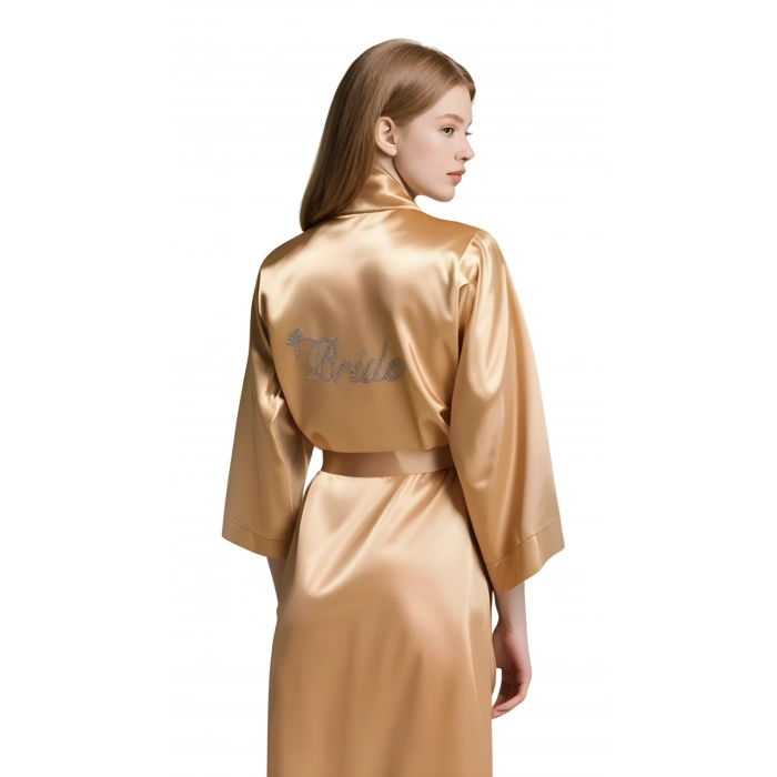 Gold Saten Bride Sabahlık Zarif Kadın Ev Giyim