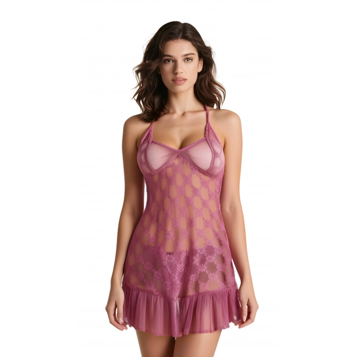 Gül Kurusu Tül Mini Gecelik Zarif Kadın Gece Elbisesi