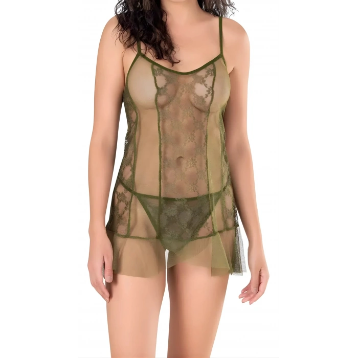 Haki Tül Mini Gecelik Zarif Kadın Gece Elbisesi