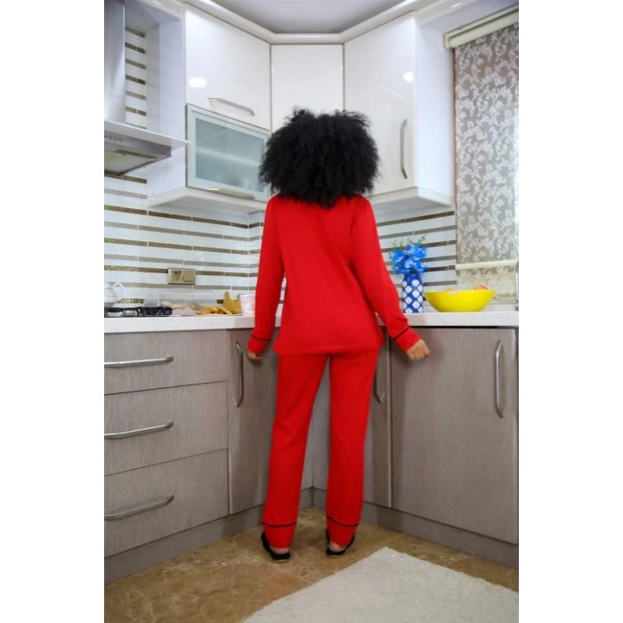 Kadın %100 Pamuk Penye Önden Düğmeli Uzun Kol Pijama Takım Kırmızı