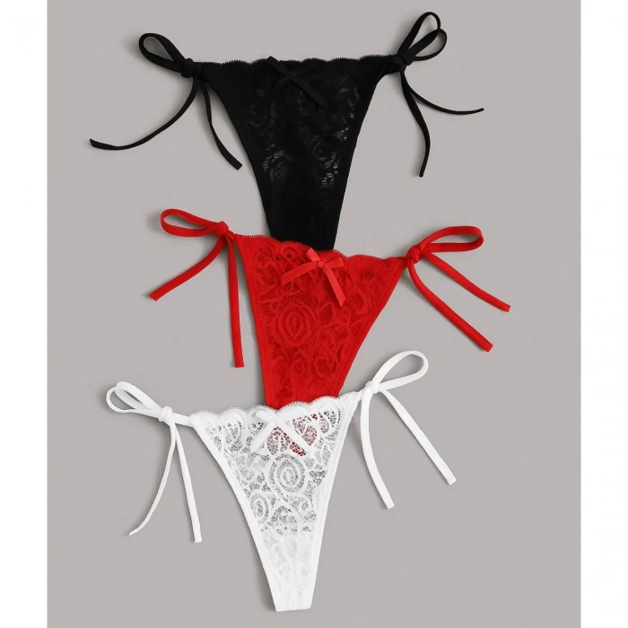 Kadın 3lü Dantelli Yandan Bağlamalı Seksi Tanga