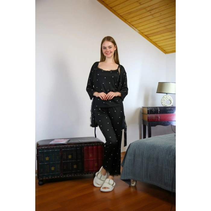 Kadın 3lü Sabahlık Pijama Takım Siyah