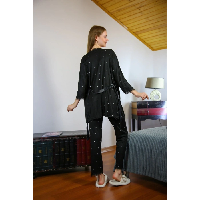 Kadın 3lü Sabahlık Pijama Takım Siyah