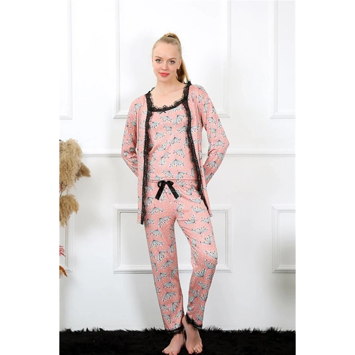 Kadın 3lü Somon Sabahlık Pijama Takım