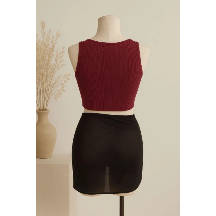 Kadın Bordo Yuvarlak Yaka Crop ve Siyah Transparan Pareo 2’li Set