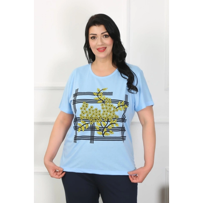 Kadın Büyük Beden Mavi Pijama Takımı