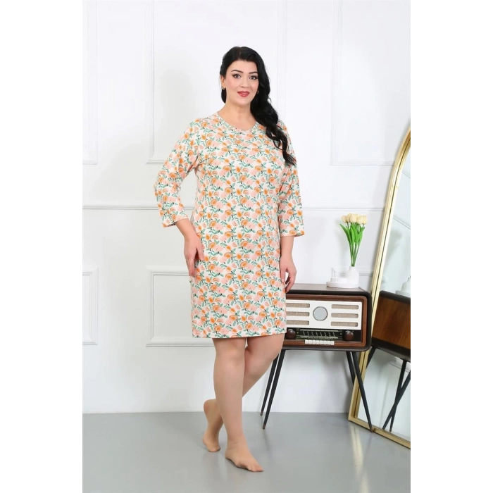 Kadın Büyük Beden Penye Gecelik Ev Elbisesi Krem