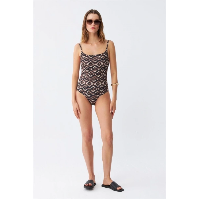 Kadın Etnik Desenli İnce Askılı Vücut Saran Mayo