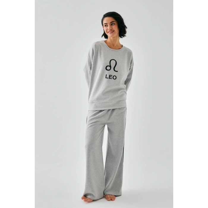 Kadın Gri Aslan Burcu Oversize 2 İplik Eşofman Ev Giyim Takımı