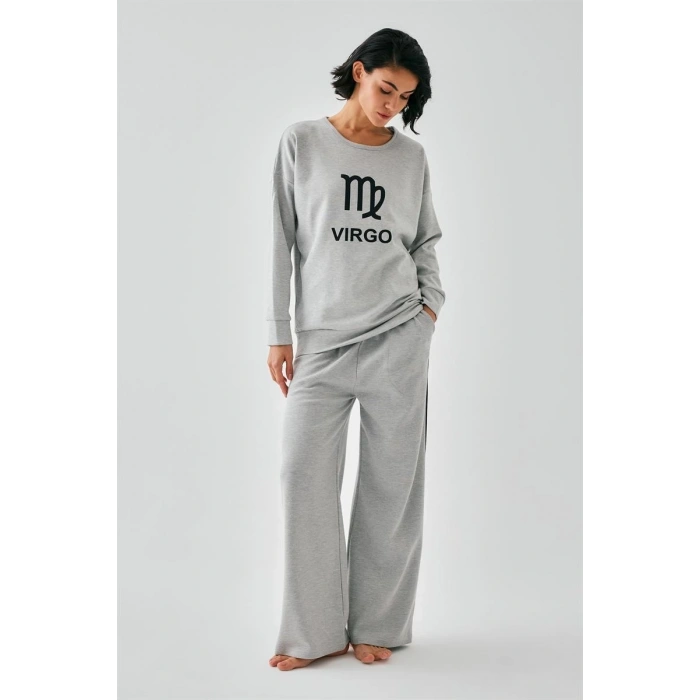 Kadın Gri Başak Burcu Oversize 2 İplik Eşofman Ev Giyim Takımı
