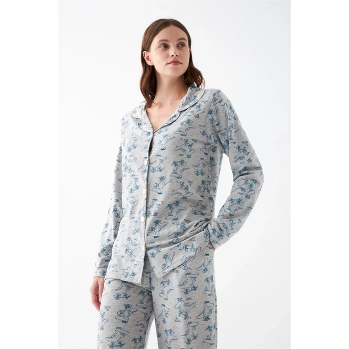 Kadın Gri Desenli Düğmeli Pamuklu Pijama Takımı