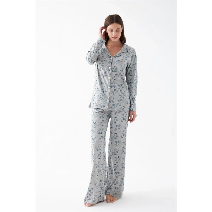 Kadın Gri Desenli Düğmeli Pamuklu Pijama Takımı