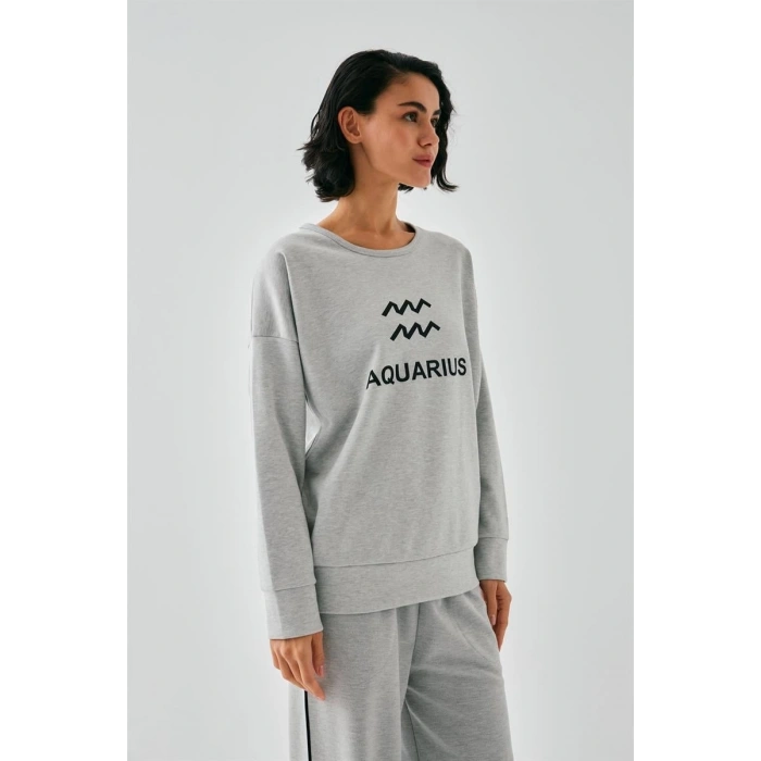 Kadın Gri Kova Burcu Oversize 2 İplik Eşofman Ev Giyim Takımı