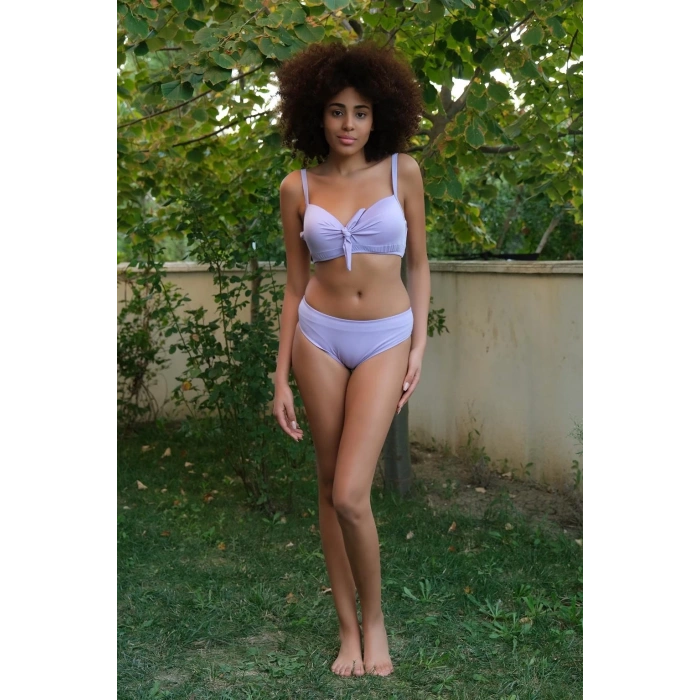 Kadın İçi Boş Fiyonklu Kaplı Lila Alt Üst Bikini Takım