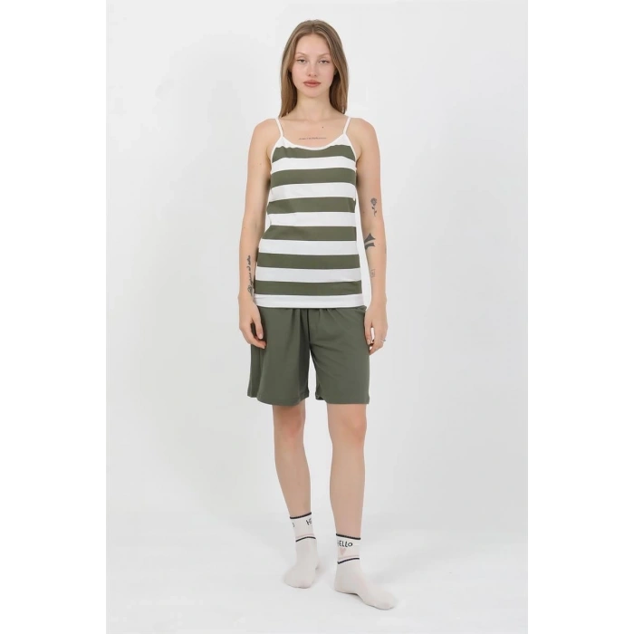 Kadın İp Askılı Pamuk Penye Şortlu Takım Haki