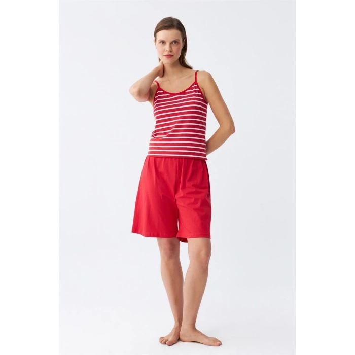 Kadın İp Askılı Pamuk Penye Şortlu Takım Kırmızı