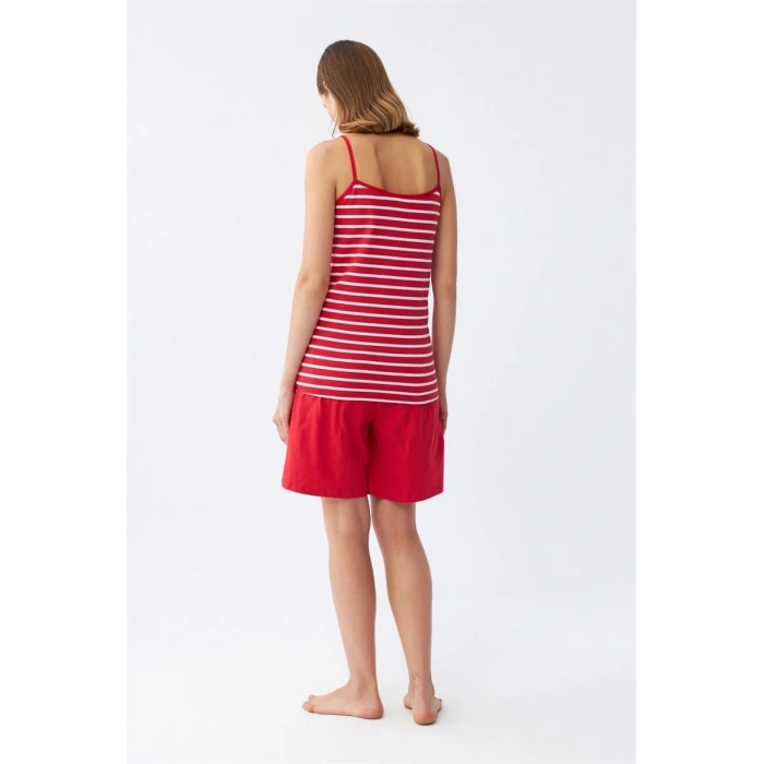 Kadın İp Askılı Pamuk Penye Şortlu Takım Kırmızı