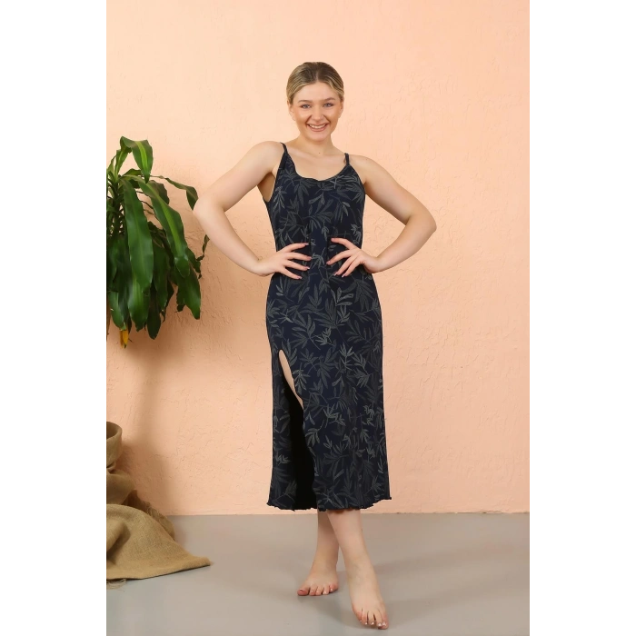 Kadın İp Askılı Yırtmaçlı Uzun Lacivert Gecelik