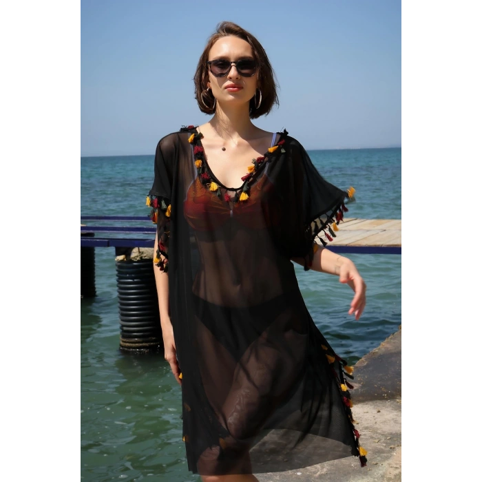 Kadın İşlemeli Tunik Pareo Plaj Elbisesi Siyah