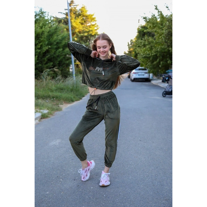 Kadın Kadife Kapşonlu Eşofman Takım Haki