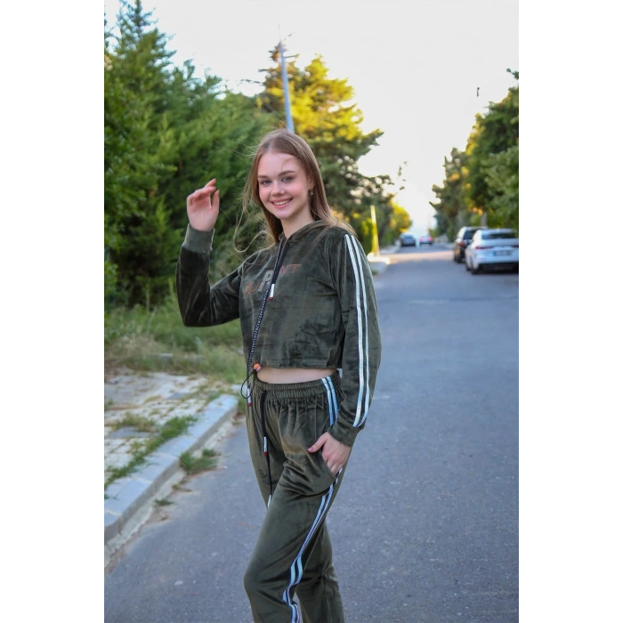 Kadın Kadife Kapşonlu Eşofman Takım Haki