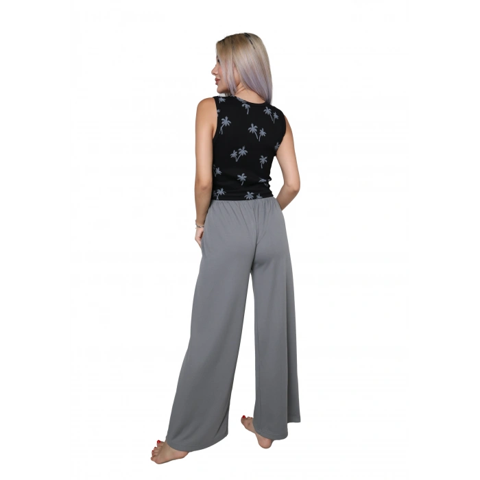 Kadın Kalın Askılı Body Bol Paça Pantolon 2`li Takım Siyah