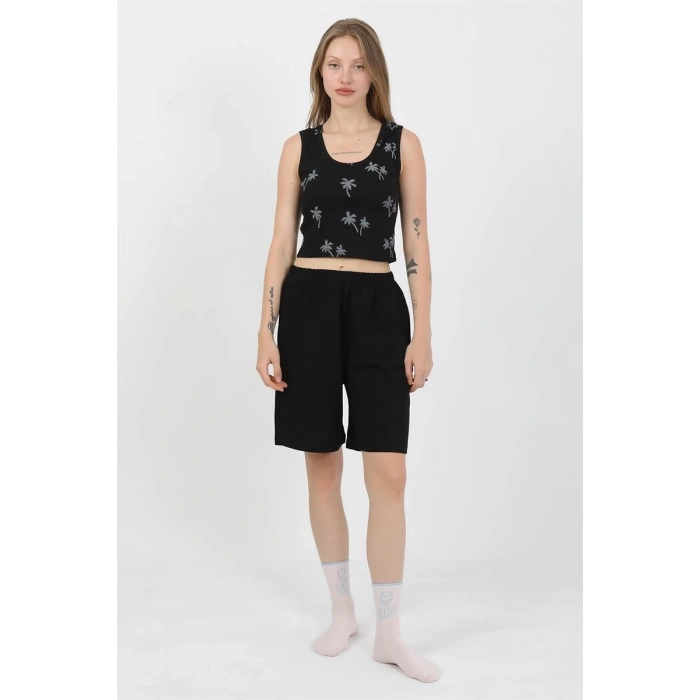 Kadın Kalın Askılı Pamuk Penye Şortlu Crop Takım Siyah