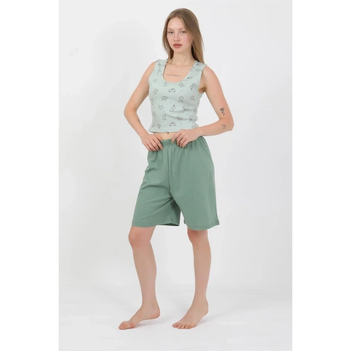 Kadın Kalın Askılı Pamuk Penye Şortlu Crop Takım SuYeşili