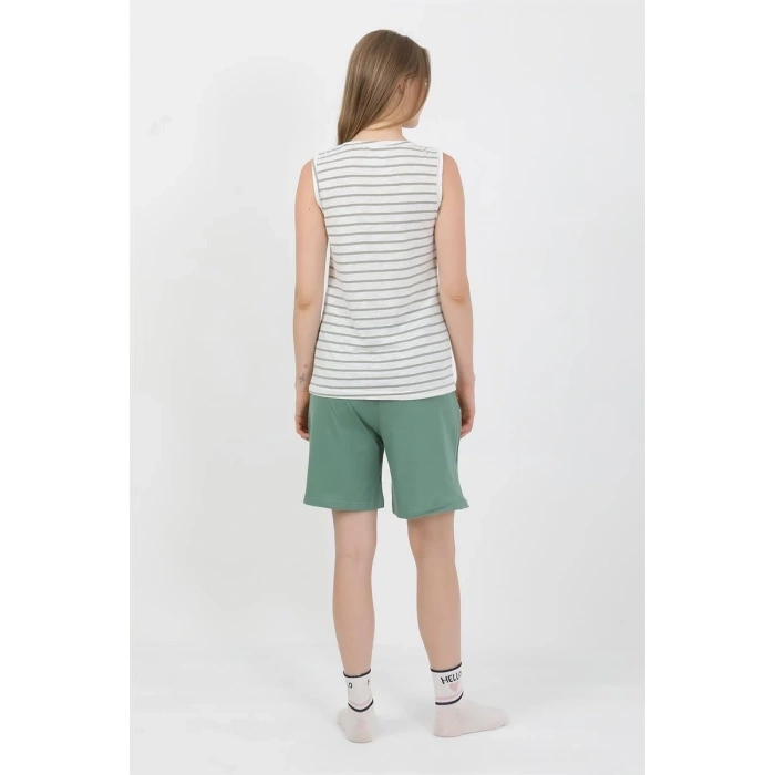 Kadın Kalın Askılı Pamuk Penye Şortlu Takım Yeşil