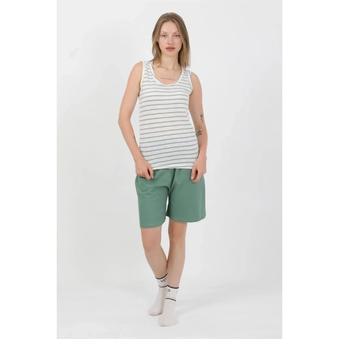 Kadın Kalın Askılı Pamuk Penye Şortlu Takım Yeşil