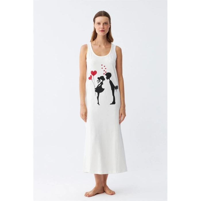 Kadın Kalın Askılı Penye Uzun Ekru Gecelik