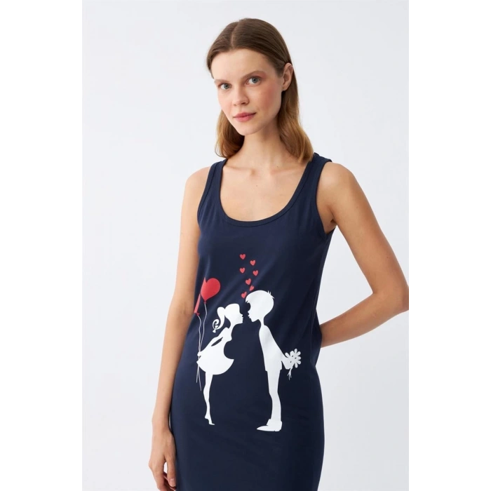 Kadın Kalın Askılı Penye Uzun Lacivert Gecelik