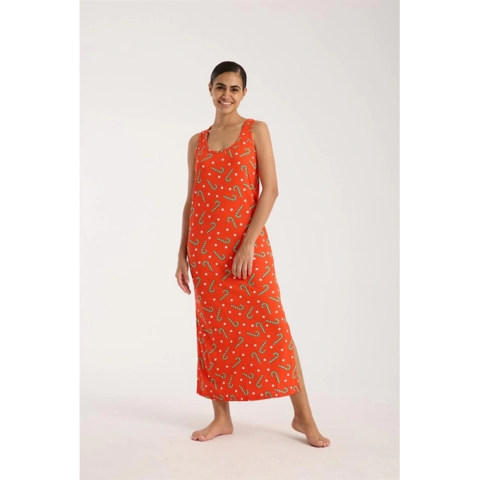 Kadın Kalın Askılı Yırtmaçlı Uzun Turuncu Gecelik