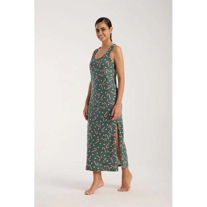 Kadın Kalın Askılı Yırtmaçlı Uzun Yeşil Gecelik