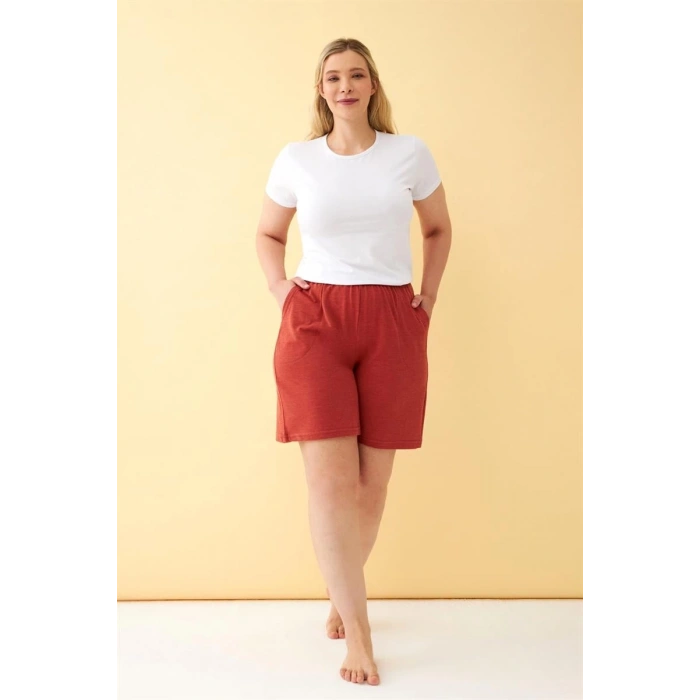 Kadın Kiremit Rengi Rahat Kalıp Cepli Şort