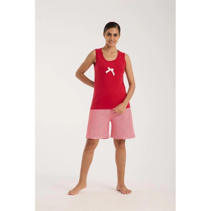 Kadın Kırmızı Kurdele Detaylı Çizgili Şortlu Pijama Takımı