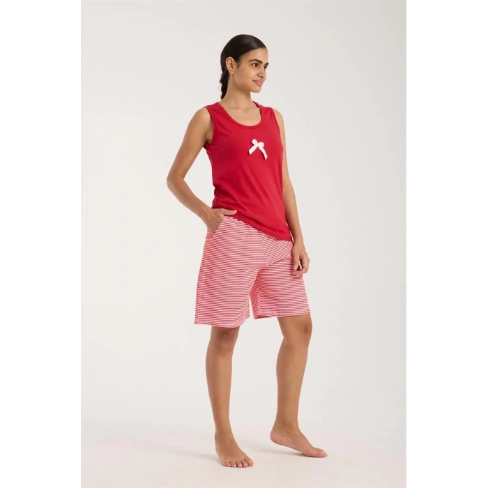 Kadın Kırmızı Kurdele Detaylı Çizgili Şortlu Pijama Takımı