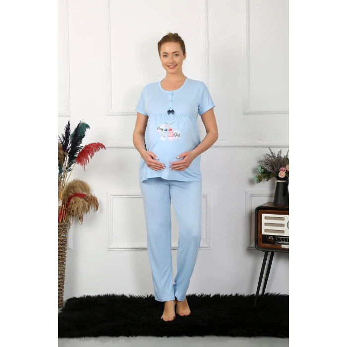 Kadın Kısa Kol Hamile Lohusa Pijama Takımı Mavi
