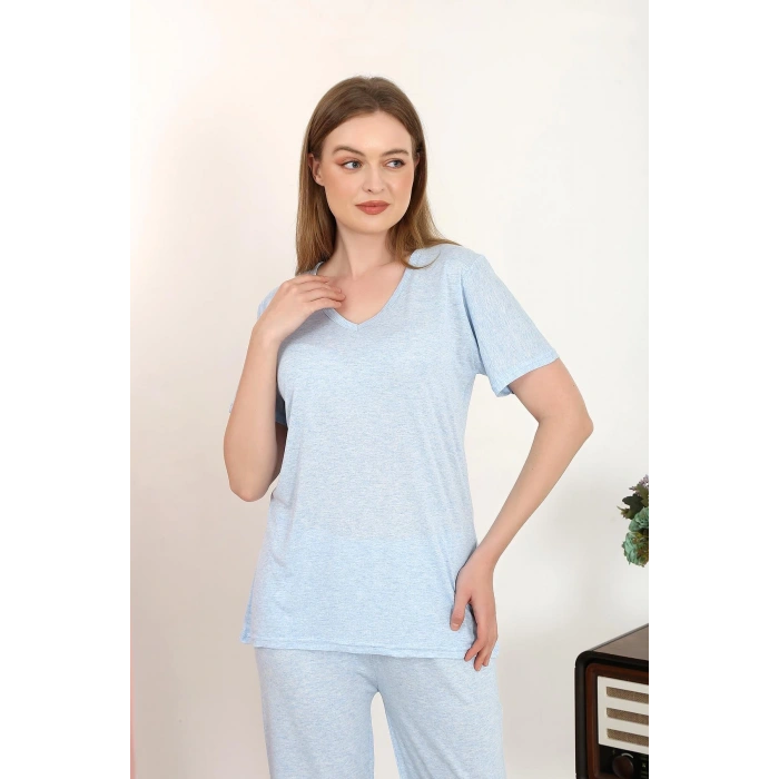 Kadın Kısa Kol Pamuk Penye Pijama Takım Mavi