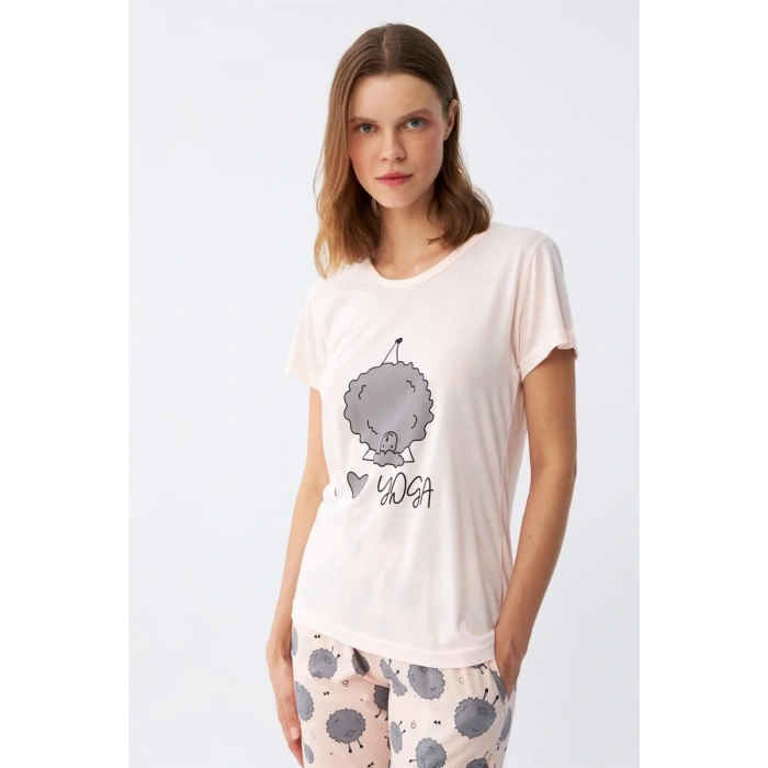 Kadın Kısa Kol Pijama Takım Pudra