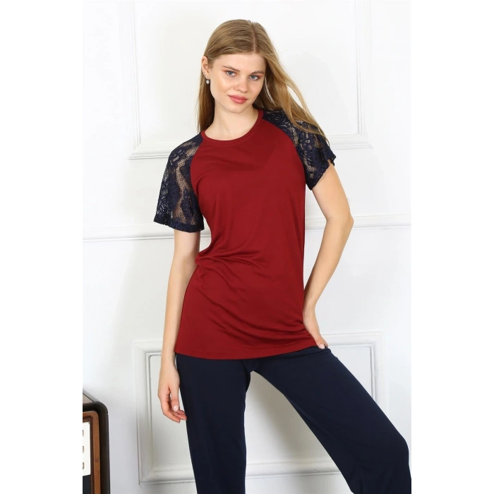 Kadın Kolu Dantelli Penye Pijama Takım Bordo