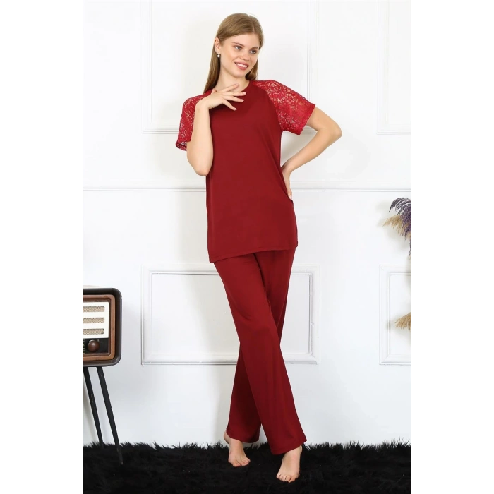 Kadın Kolu Dantelli Penye Pijama Takım Bordo