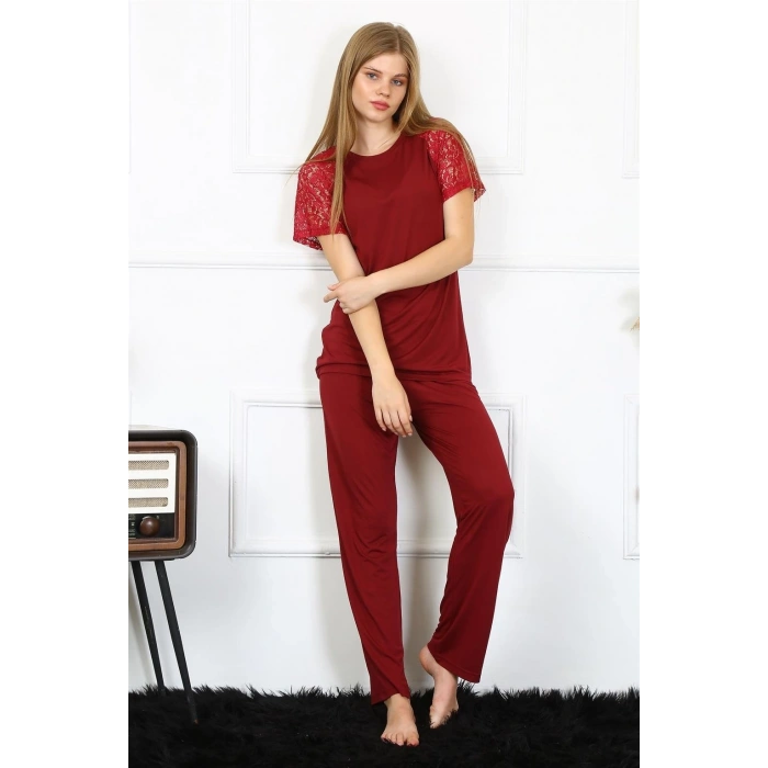 Kadın Kolu Dantelli Penye Pijama Takım Bordo