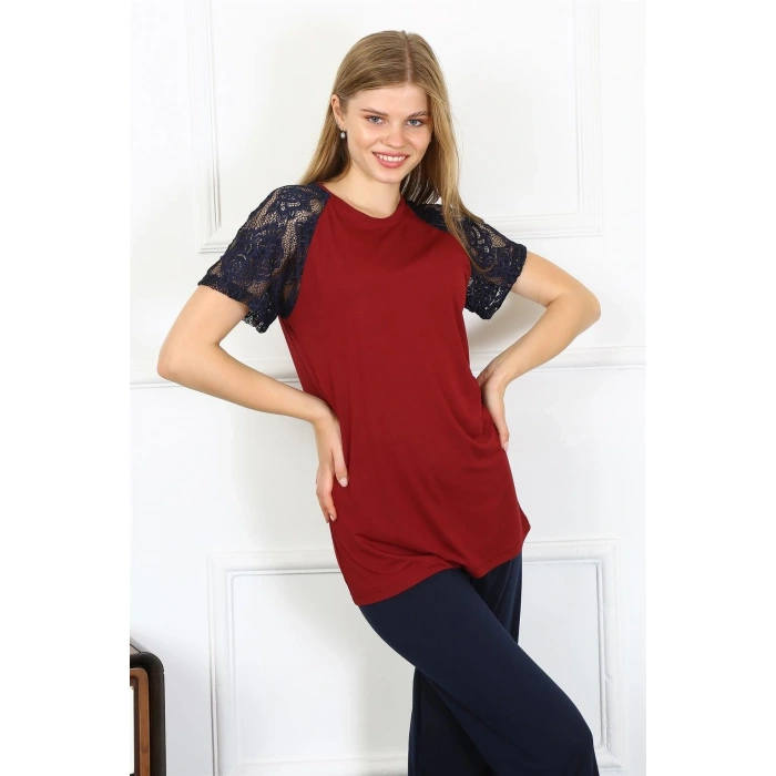 Kadın Kolu Dantelli Penye Pijama Takım Bordo